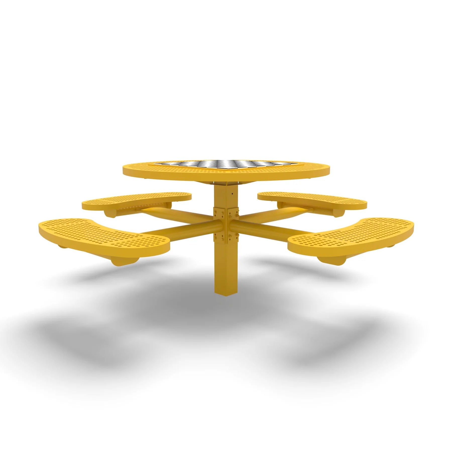 Yellow Wabash Valley Signature Round Pedestal Picnic Table, Perforated, Chessboard - 4 Seats - Inground, in plastisol-coated steel, model SP210P, park chess table