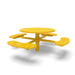 Yellow Wabash Valley Signature Round Pedestal Picnic Table, Perforated, Standard - 4 Seats - Inground, in plastisol-coated steel, model SG245P, round outdoor metal table