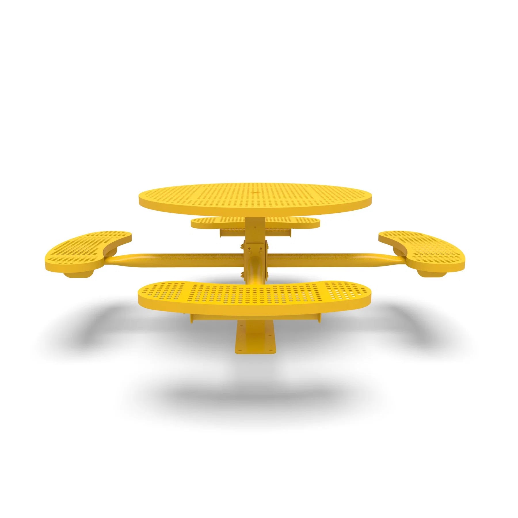 Yellow Wabash Valley Signature Round Pedestal Picnic Table, Perforated, Standard - 4 Seats - Surface Mount, in plastisol-coated steel, model SG244P, round outdoor dining table for 4