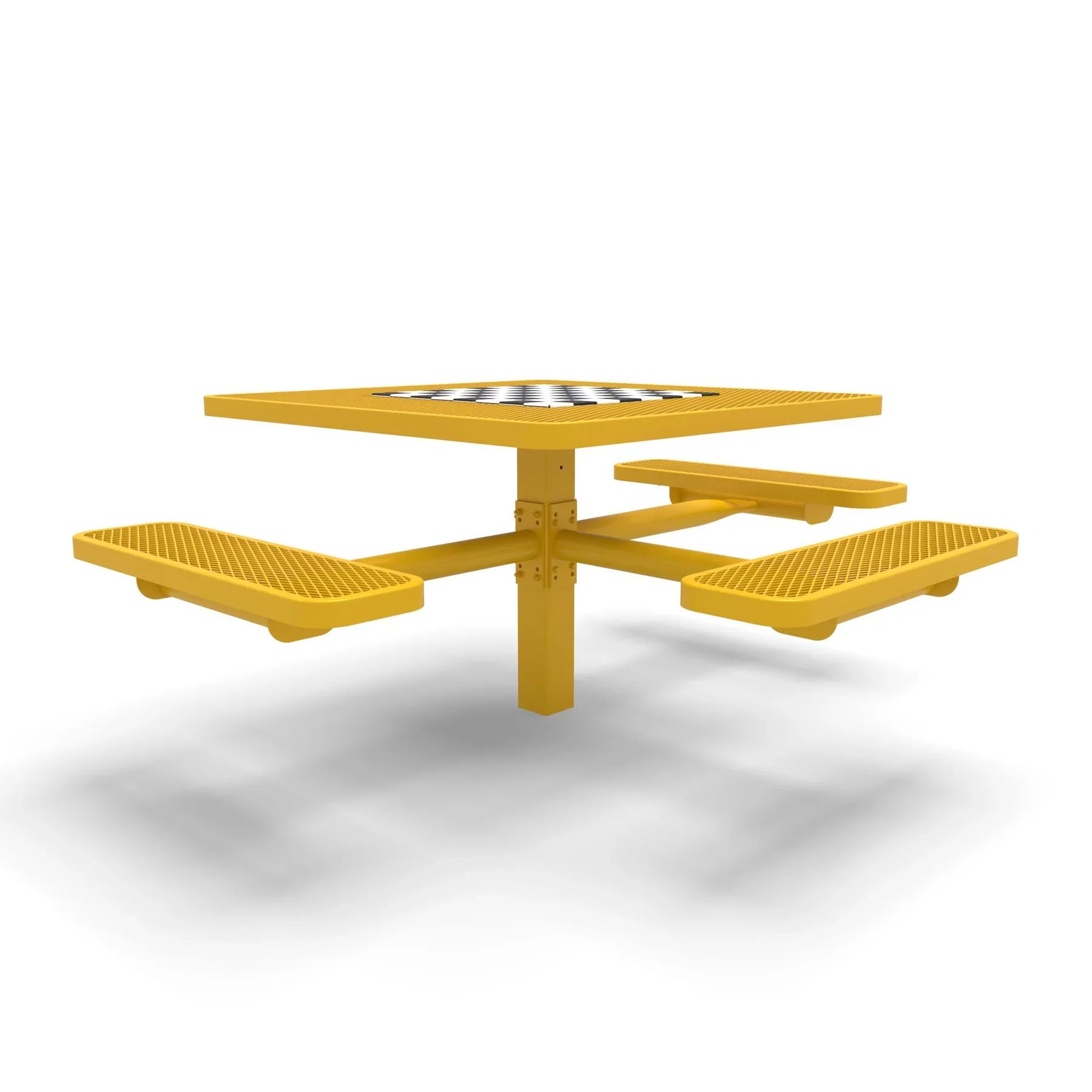 Yellow Wabash Valley Signature Square Pedestal Picnic Table, Diamond, Chessboard - ADA Accessible - Inground - 46 Inch, in plastisol-coated steel, model SP230D, outdoor checkers table