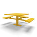 Yellow Wabash Valley Signature Square Pedestal Picnic Table, Perforated, Standard - ADA Accessible - Surface Mount - 46 Inch, in plastisol-coated steel, model SG234P, business patio furniture