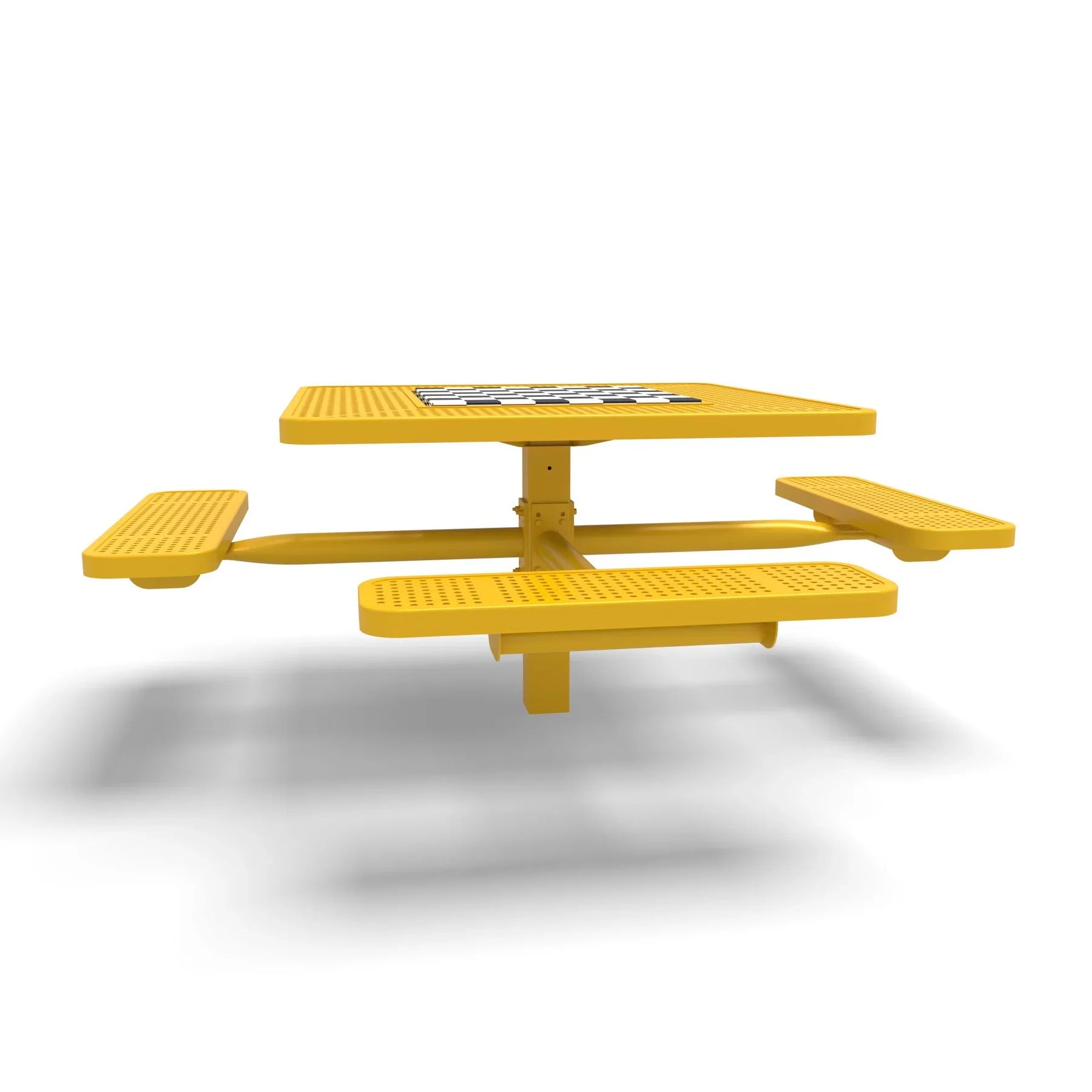 Yellow Wabash Valley Signature Square Pedestal Picnic Table, Perforated, Chessboard - ADA Accessible - Inground - 46 Inch, in plastisol-coated steel, model SP230P, outdoor checkers table