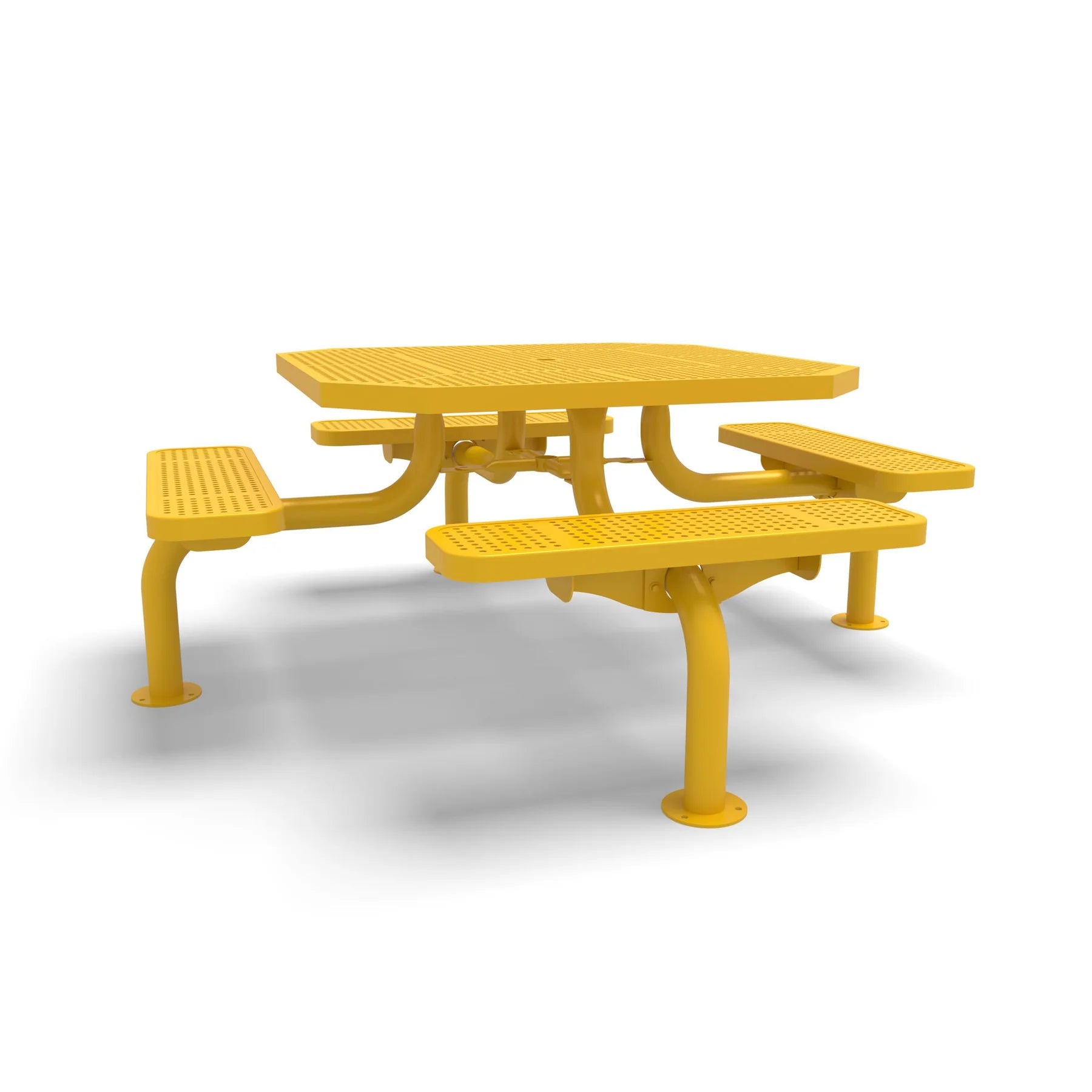 Yellow Wabash Valley Spyder Octagon 46 inch Picnic Table, Perforated plastisol coated steel, 4 attached seats, model SY125P, octagon shaped picnic table