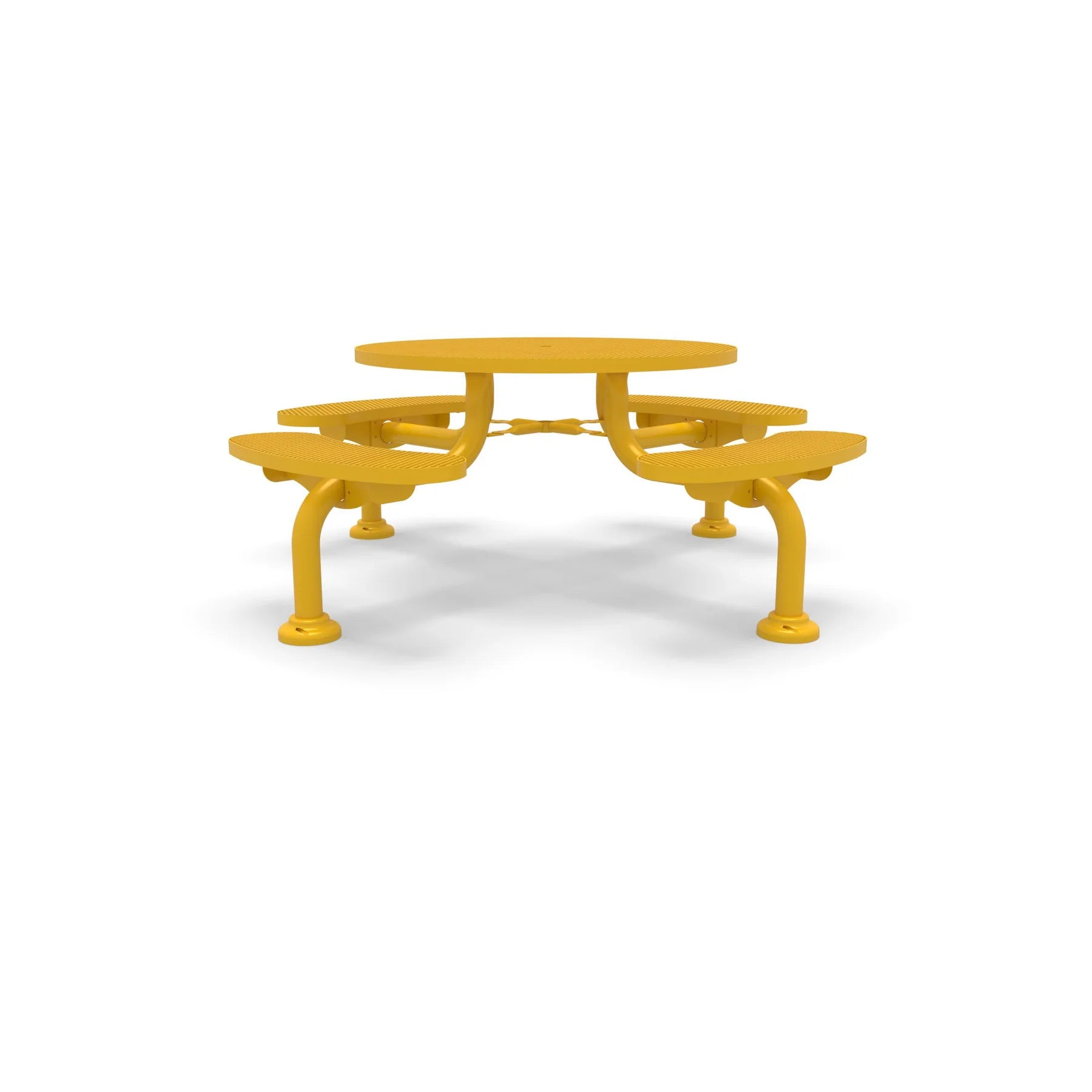 Yellow Wabash Valley Spyder Round Picnic Table, Diamond plastisol coated steel, 4 attached seats, model SY110D, round outdoor table with umbrella hole