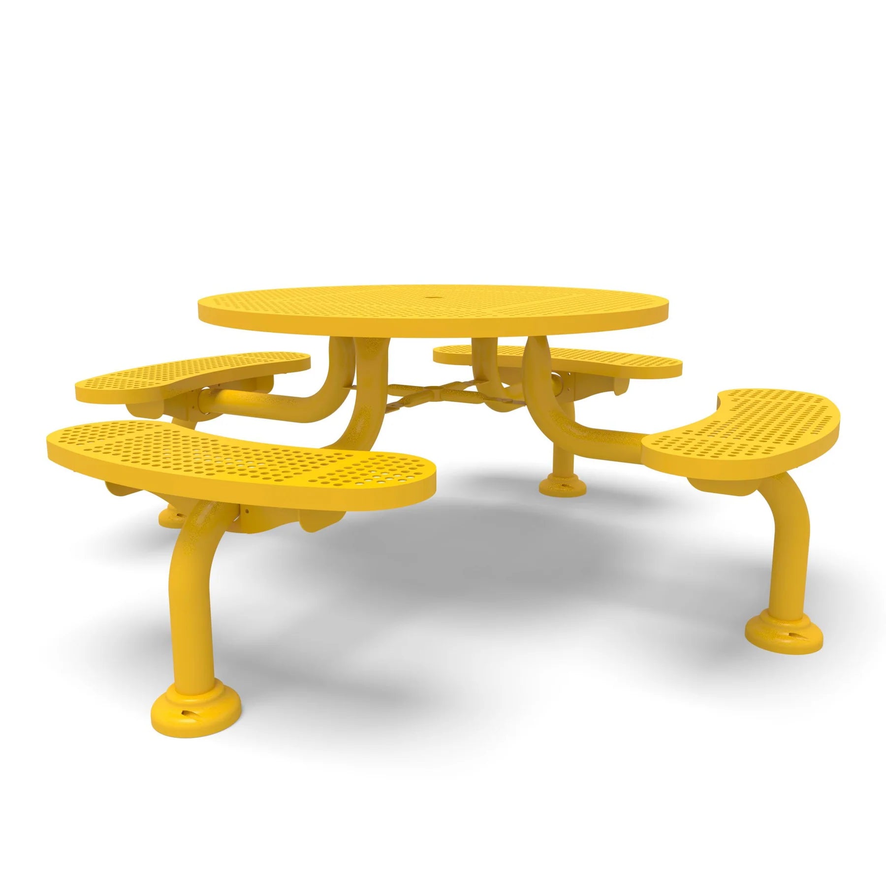 Yellow Wabash Valley Spyder Round Picnic Table, Perforated plastisol coated steel, 4 attached seats, model SY110P, picnic table with attached benches