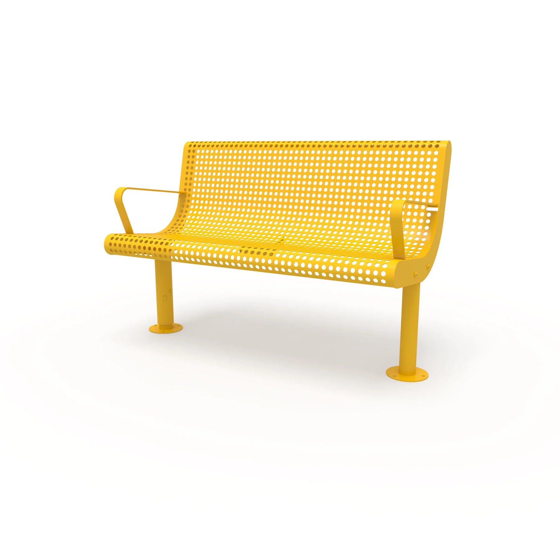 Yellow Wabash Valley Steel Transit Bench, With Armrests, 4 ft perforated steel seat and back on adjustable surface mount legs, model TR300P, municipal bench