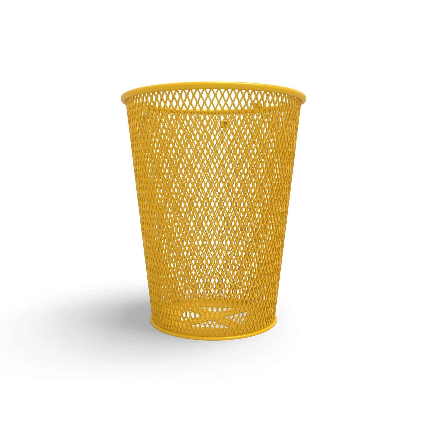 Yellow Wabash Valley Tapered Trash Receptacle, tapered diamond expanded metal body, plastisol coated, model LR350D, steel trash can