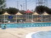 Pool area with lounge chairs, umbrellas including USA Shade Lifeguard Umbrella, and power lines in the background