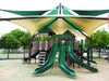 Children's playground with green slides and a large USA Shade Multi-Layer Super Span Pyramid Shade